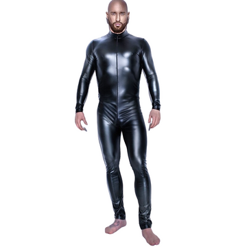 Men's Black Wetlook Erotic Bodysuit / Fetish Faux Leather Wear With Open Crotch - EVE's SECRETS